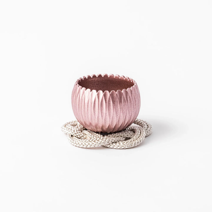 Pink Japanese hydrangea mini prayer bowl with petal texture gold striker and silver knot cushion for ritual.