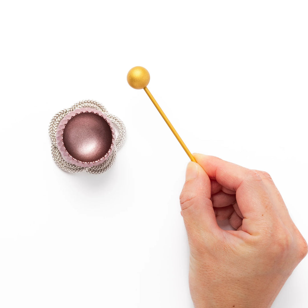 Pink Japanese hydrangea mini prayer bowl with petal texture gold striker and silver knot cushion for ritual.