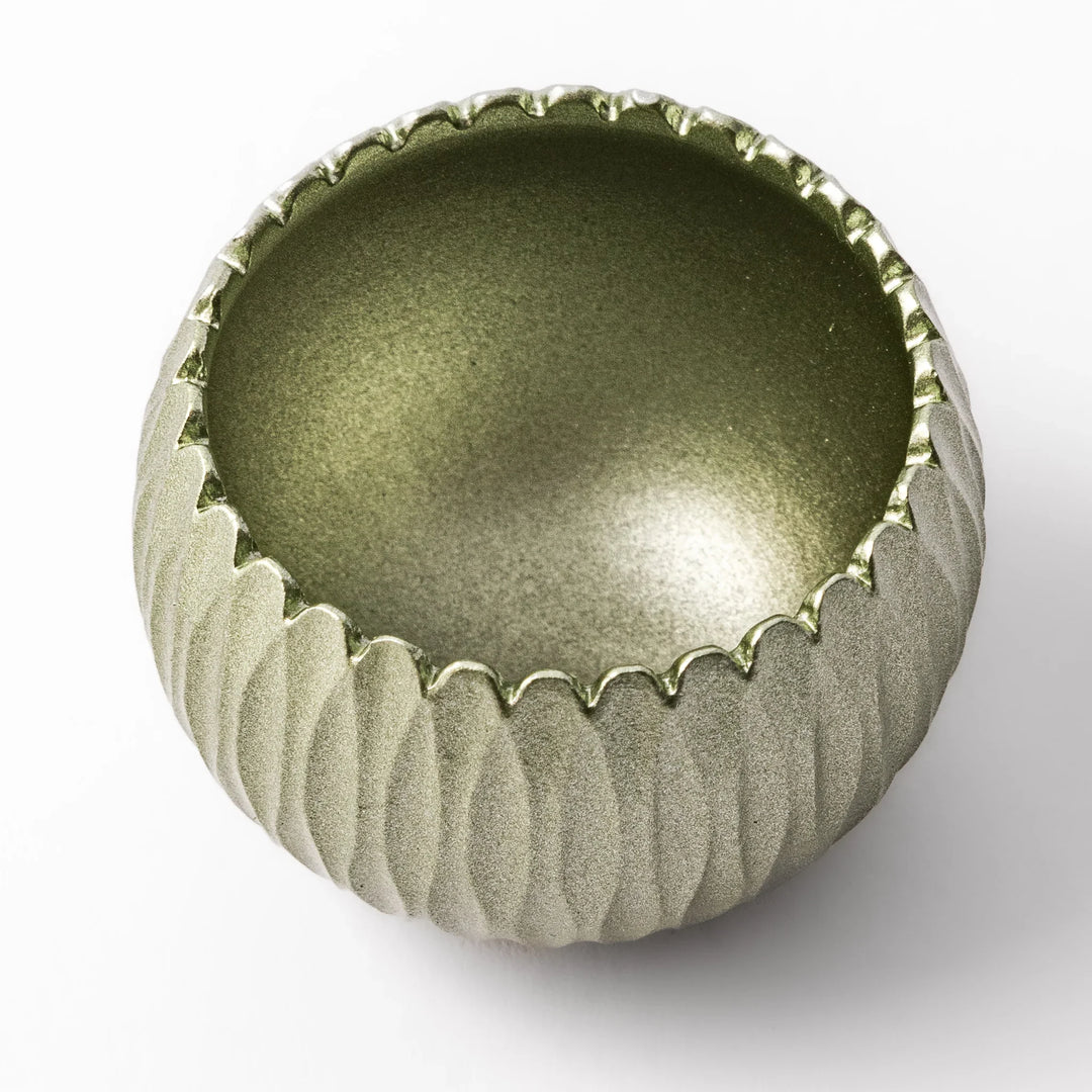 Lime green Japanese hydrangea mini prayer bowl with petal texture gold striker and silver knot cushion.