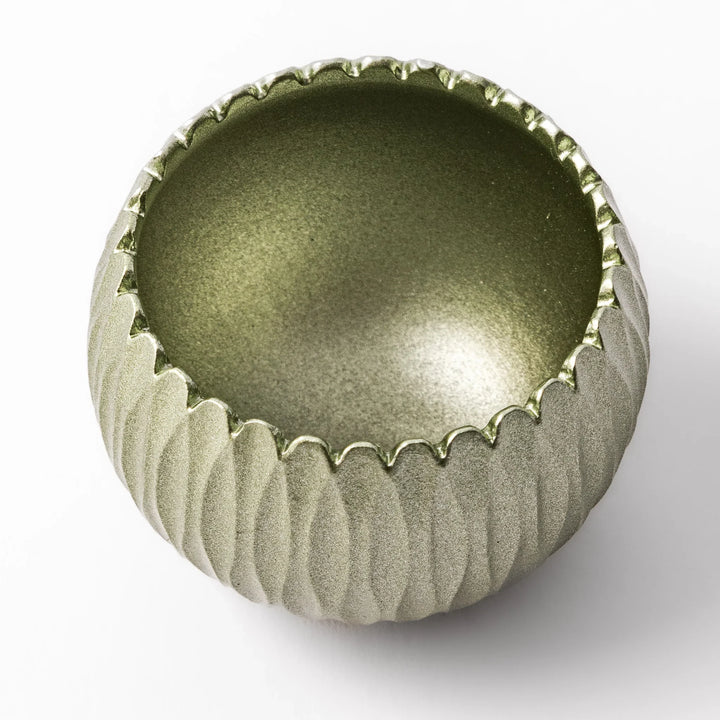 Lime green Japanese hydrangea mini prayer bowl with petal texture gold striker and silver knot cushion.