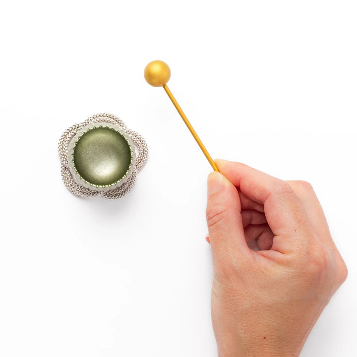 Lime green Japanese hydrangea mini prayer bowl with petal texture gold striker and silver knot cushion.