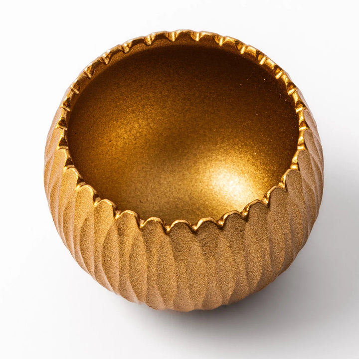 Gold Japanese hydrangea mini prayer bowl with sculpted petal design striker and decorative cushion set.