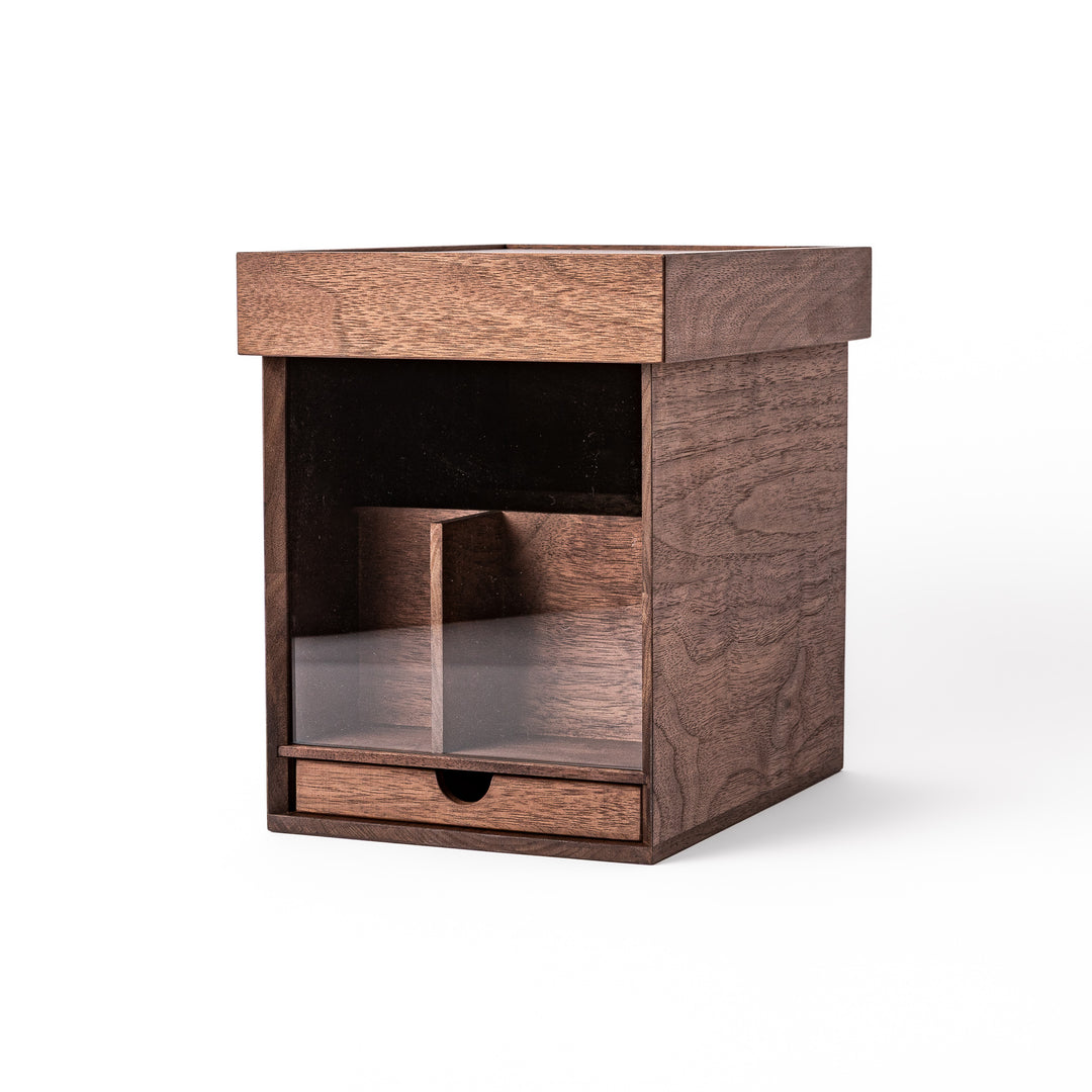 Japanese Makeup Storage Box with Mirror made of dark wood featuring front drawer and acrylic panel on white background