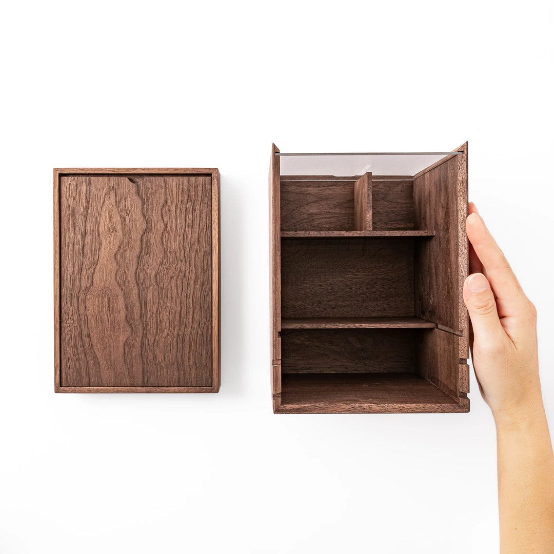 Japanese Makeup Storage Box with Mirror made of dark wood featuring front drawer and acrylic panel on white background