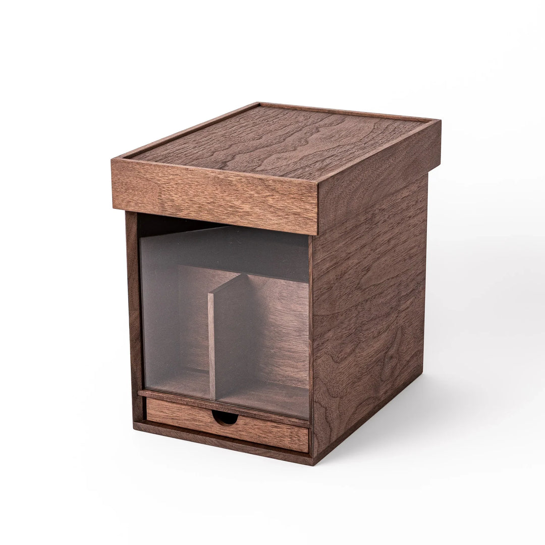 Japanese Makeup Storage Box with Mirror made of dark wood featuring front drawer and acrylic panel on white background