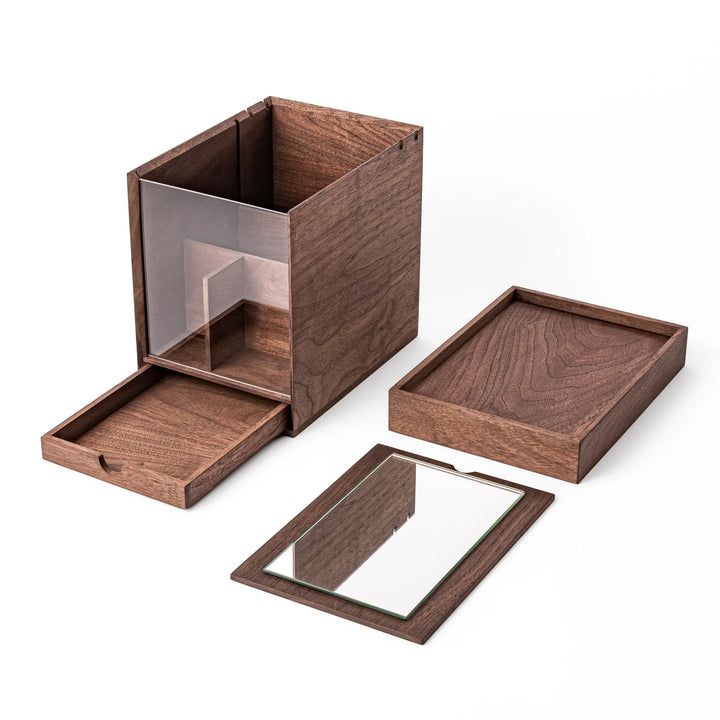 Japanese Makeup Storage Box with Mirror disassembled showing open drawer lid and removable wooden framed mirror