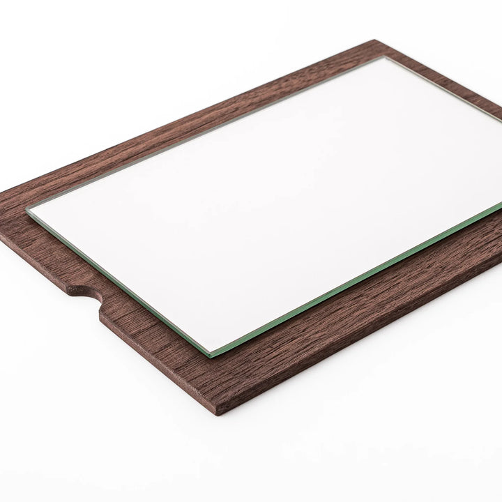 Close up view of the removable wooden framed mirror component for the Japanese Makeup Storage Box with Mirror