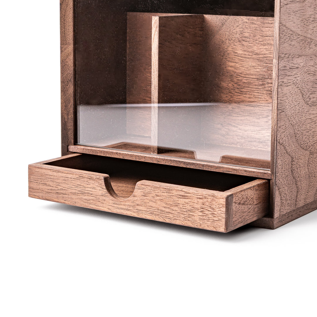 Japanese Makeup Storage Box with Mirror made of dark wood featuring front drawer and acrylic panel on white background