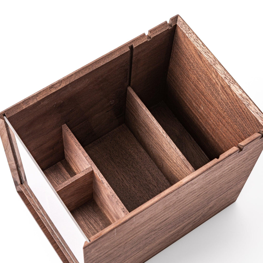 Top down interior view of the Japanese Makeup Storage Box with Mirror showing partitioned wooden storage sections