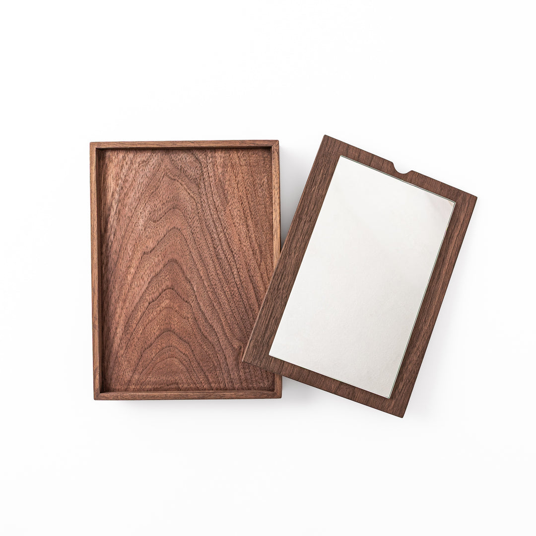 Japanese Makeup Storage Box with Mirror disassembled showing open drawer lid and removable wooden framed mirror