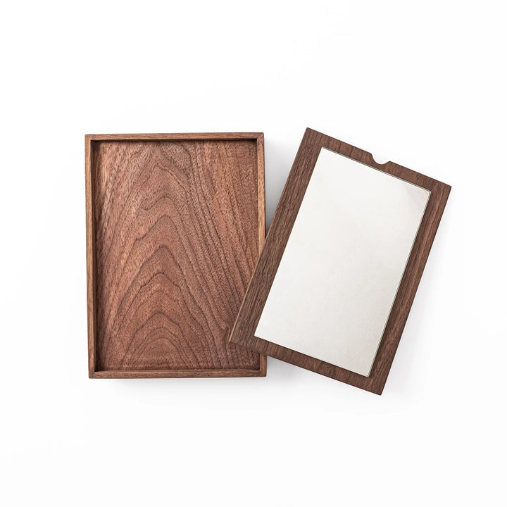 Japanese Makeup Storage Box with Mirror disassembled showing open drawer lid and removable wooden framed mirror