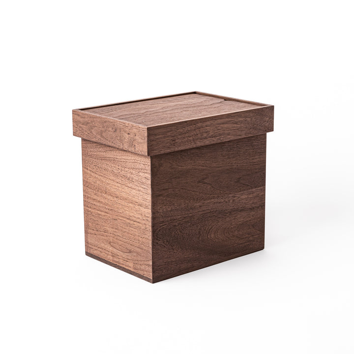 Japanese Makeup Storage Box with Mirror made of dark wood featuring front drawer and acrylic panel on white background
