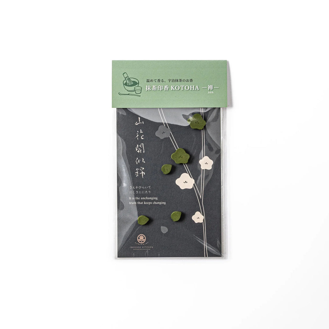 Japanese matcha pressed incense in floral shapes, packaged set with green label, traditional Japanese fragrance incense