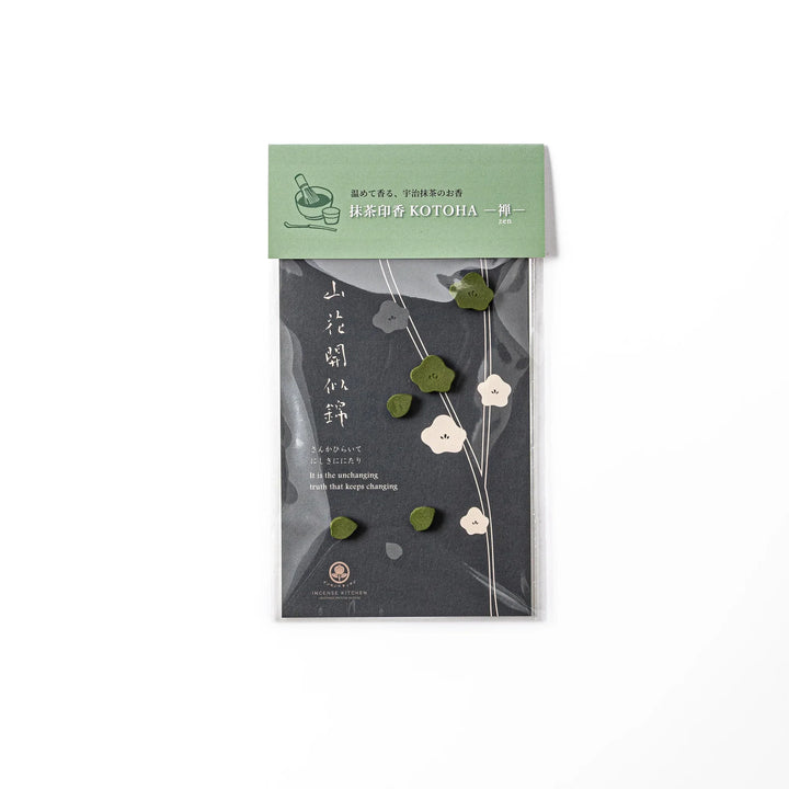 Japanese matcha pressed incense in floral shapes, packaged set with green label, traditional Japanese fragrance incense