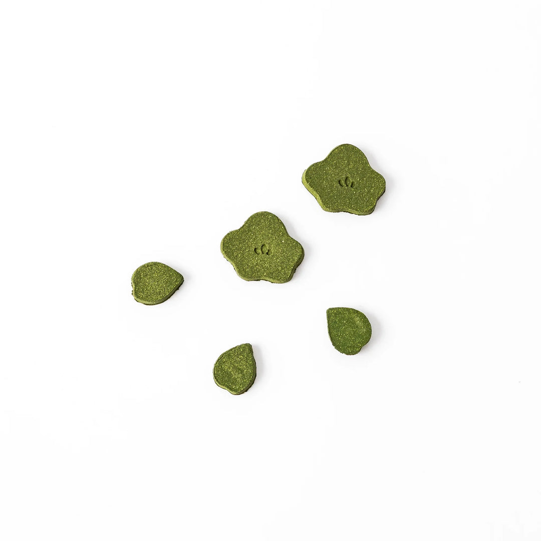 Japanese matcha pressed incense pieces in floral and leaf shapes, green scented incense for relaxation and home fragrance