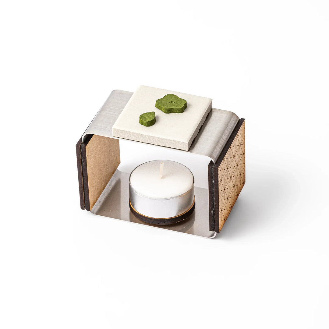 Japanese matcha pressed incense pieces in floral and leaf shapes, green scented incense for relaxation and home fragrance