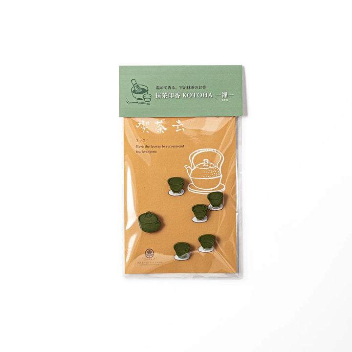 Japanese matcha pressed incense set in teacup and teapot shapes, packaged with green label, traditional home fragrance