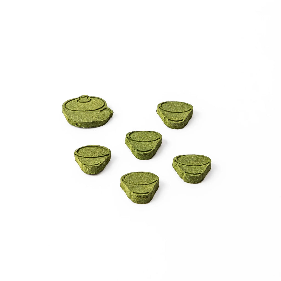 Japanese matcha pressed incense in teapot and teacup shapes, green scented incense pieces for relaxation and home fragrance