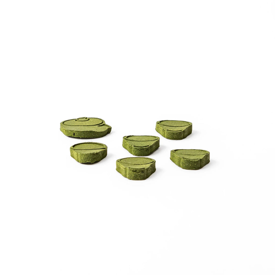 Japanese matcha pressed incense in teapot and teacup shapes, green scented incense pieces for relaxation and home fragrance