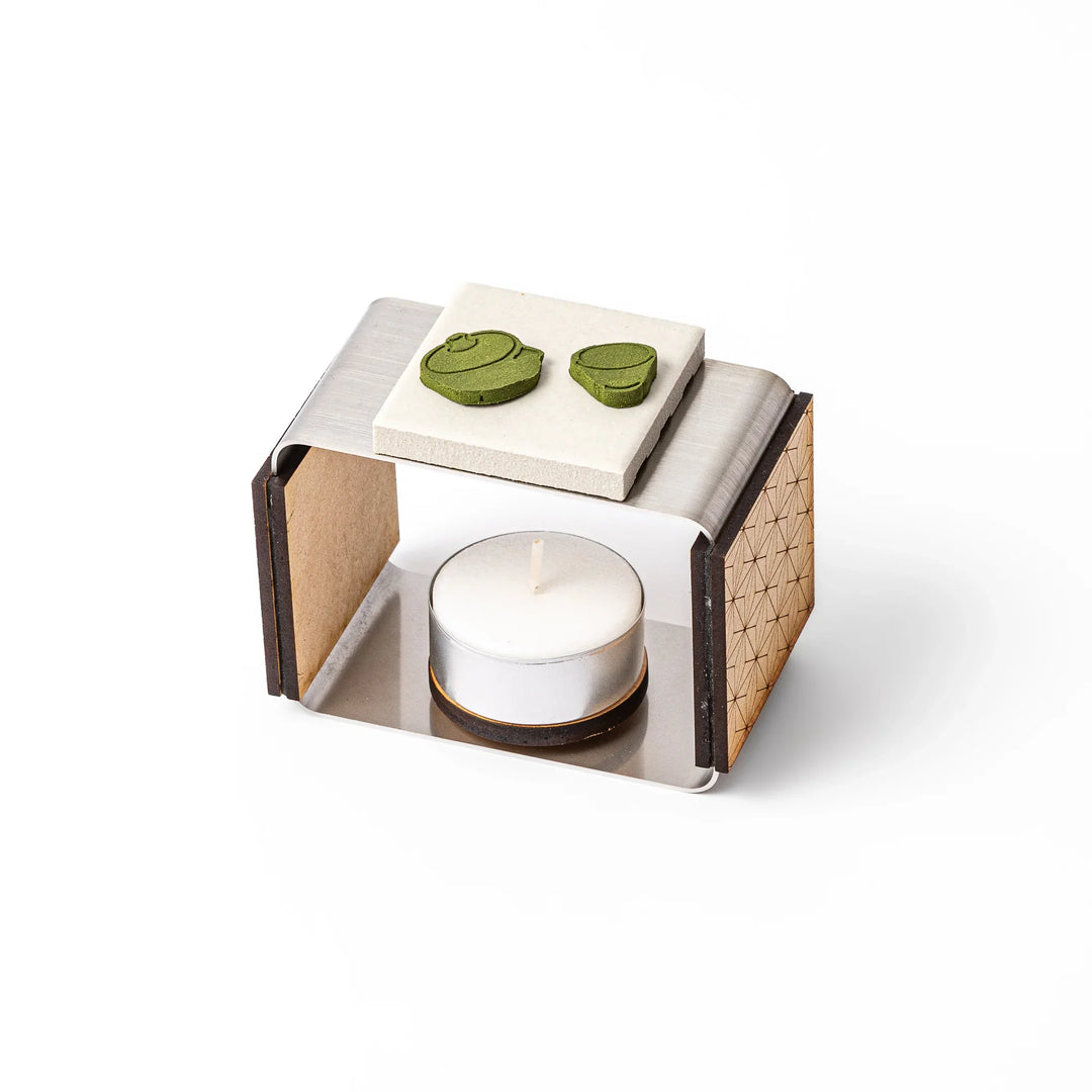 Japanese matcha pressed incense in teapot and teacup shapes, green scented incense pieces for relaxation and home fragrance