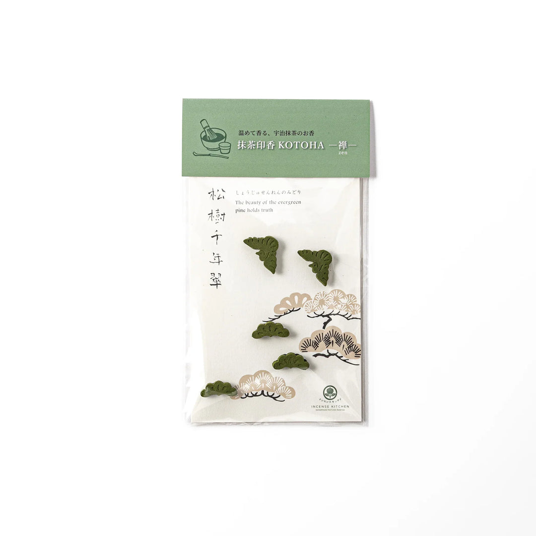 Japanese matcha pressed incense in pine shapes, packaged set with green label, traditional Japanese home fragrance