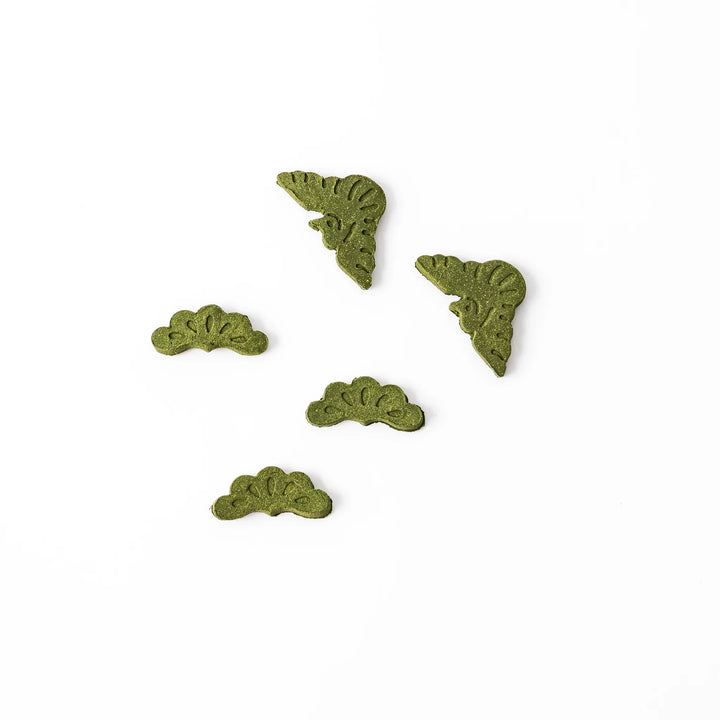 Japanese matcha pressed incense pieces in pine tree shapes, green scented incense for relaxation and home fragrance