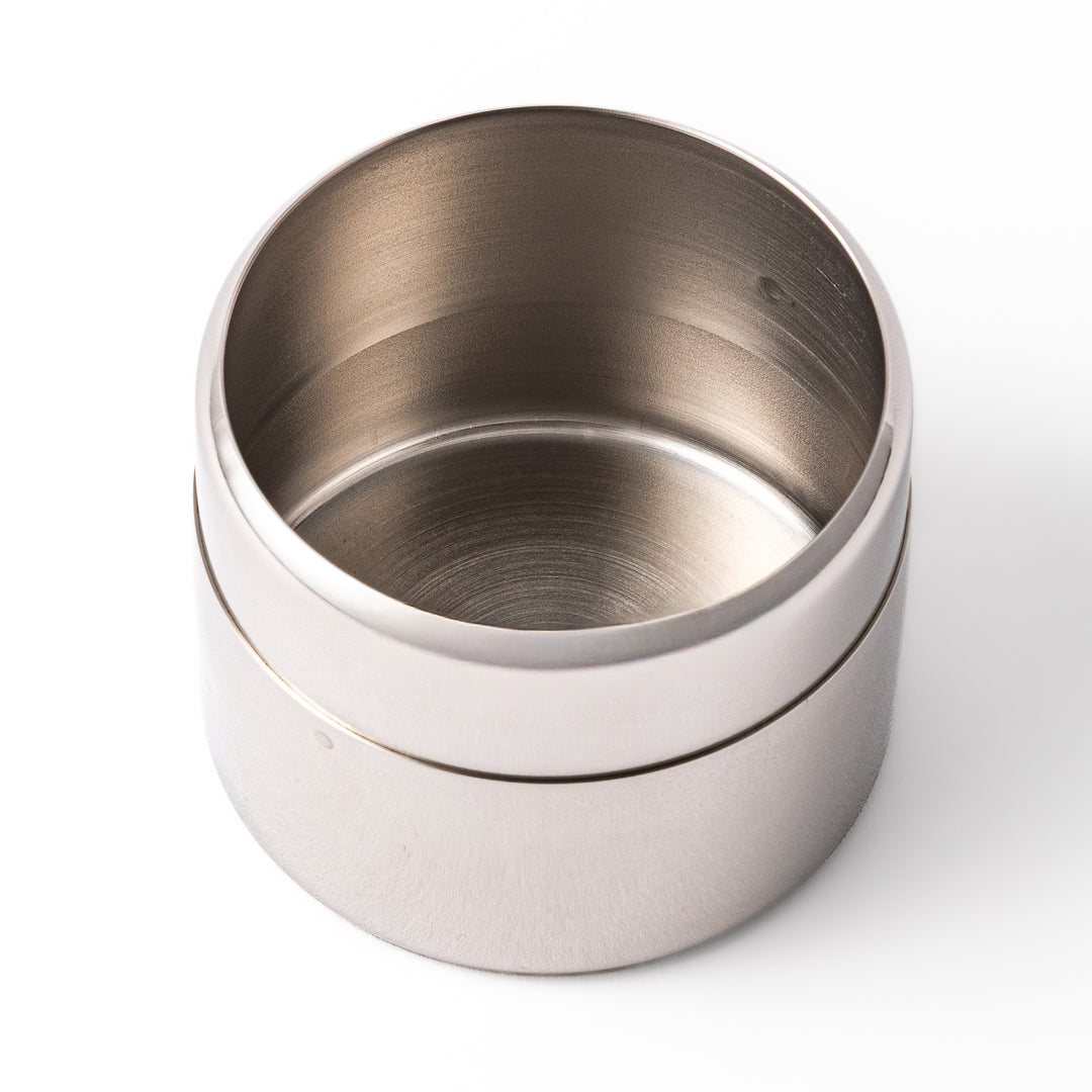 A Japanese stainless steel matcha sifter canister set with a fine mesh strainer scoop and sifting rings for smooth matcha powder