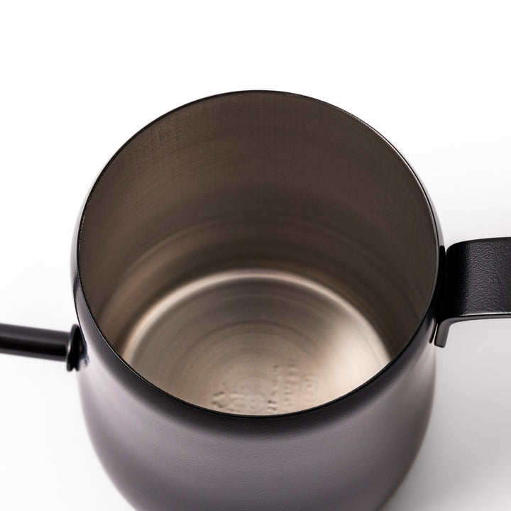 Japanese matte black precision pour kettle with a slender gooseneck spout and ergonomic handle, designed for controlled water flow in pour-over coffee brewing.
