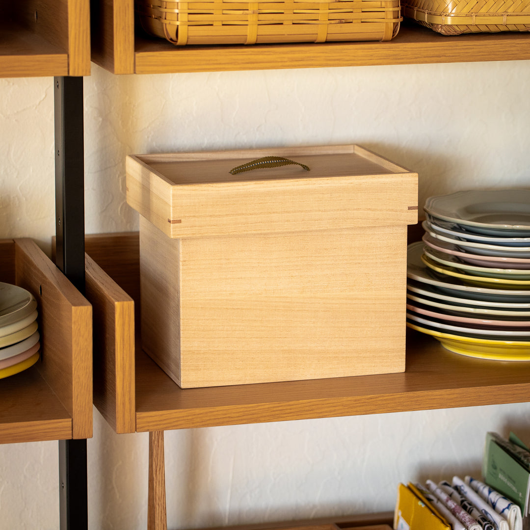 Japanese Paulownia Wood Bread Storage Box 1.5 Loaf size stored on wooden kitchen shelf for bread storage   