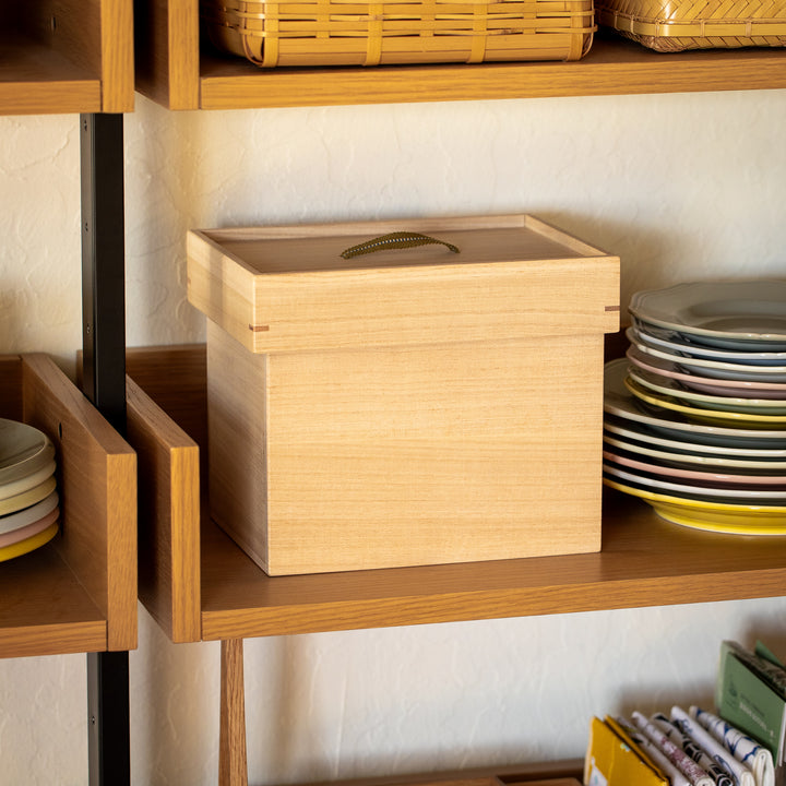 Japanese Paulownia Wood Bread Storage Box 1.5 Loaf size stored on wooden kitchen shelf for bread storage   