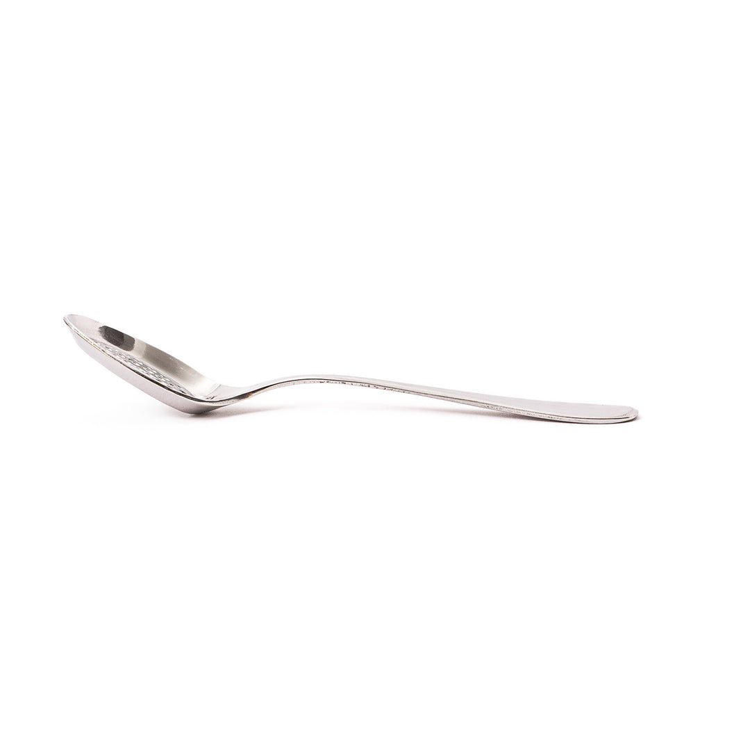 Japanese stainless steel strawberry spoon features flat embossed bottom for mashing fresh fruit easily