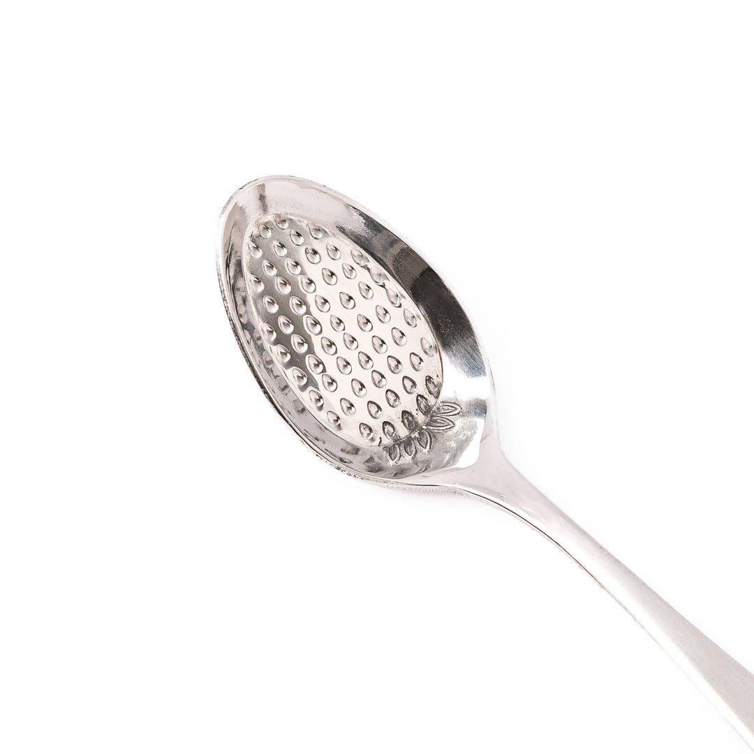 Japanese stainless steel strawberry spoon features flat embossed bottom for mashing fresh fruit easily
