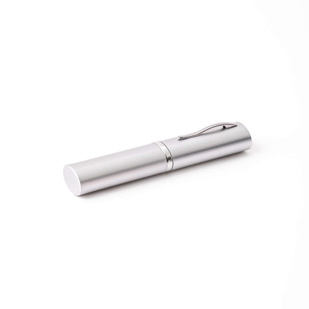Sleek silver aluminum Japanese travel chopsticks case designed to look like a premium pen for stylish storage