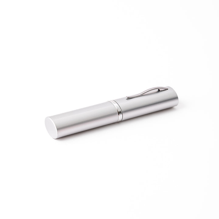 Sleek silver aluminum Japanese travel chopsticks case designed to look like a premium pen for stylish storage