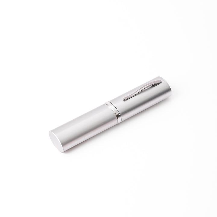 Sleek silver aluminum Japanese travel chopsticks case designed to look like a premium pen for stylish storage