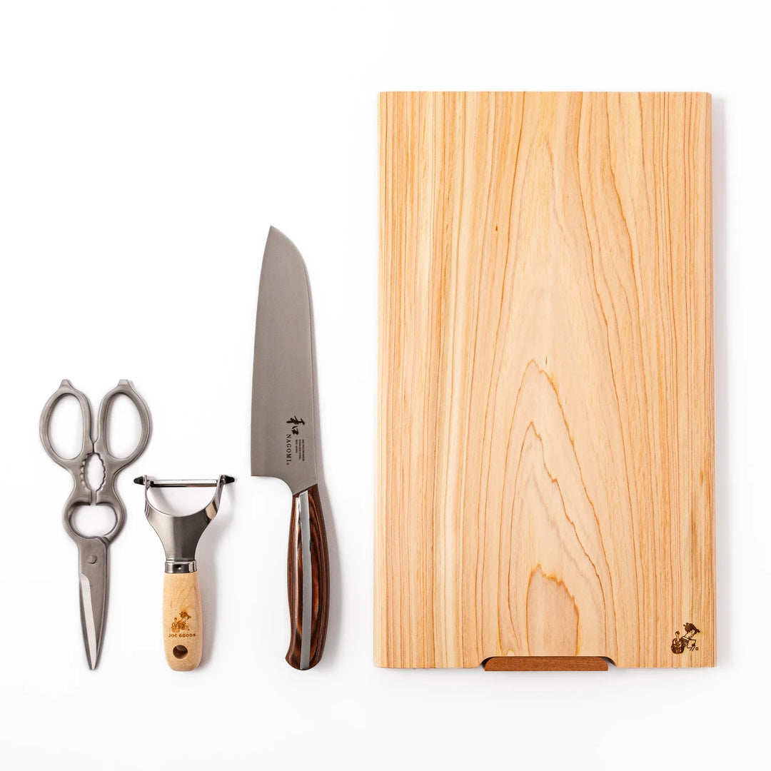 Knife and Prep Basics Set with Japanese chefs knife shears peeler and wooden board for daily cooking.