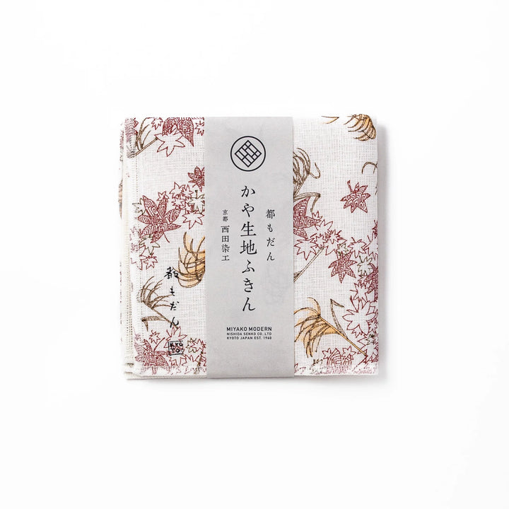 Kyoto Yuzen dyed Kaya cotton kitchen cloth featuring an elegant Japanese maple leaf and autumn grass pattern on white fabric