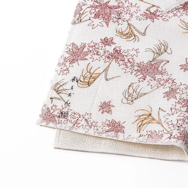 Kyoto Yuzen dyed Kaya cotton kitchen cloth featuring an elegant Japanese maple leaf and autumn grass pattern on white fabric