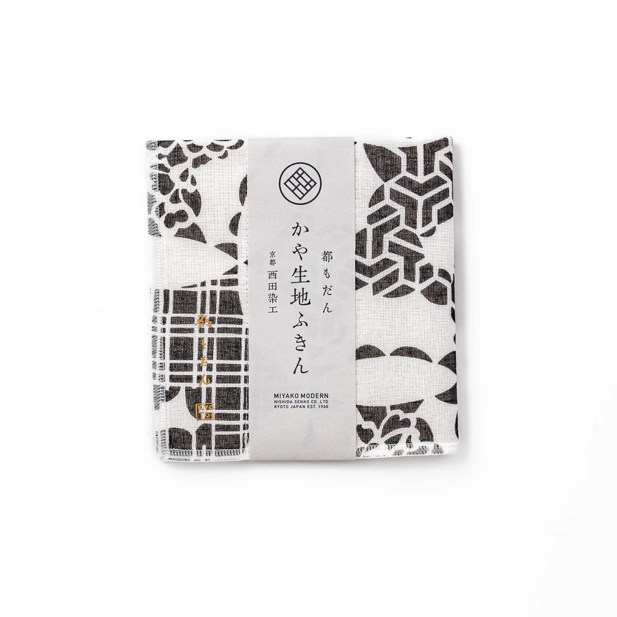 Kyoto Yuzen dyed Kaya cotton kitchen cloth featuring a monochrome Japanese Temari ball pattern with various traditional motifs