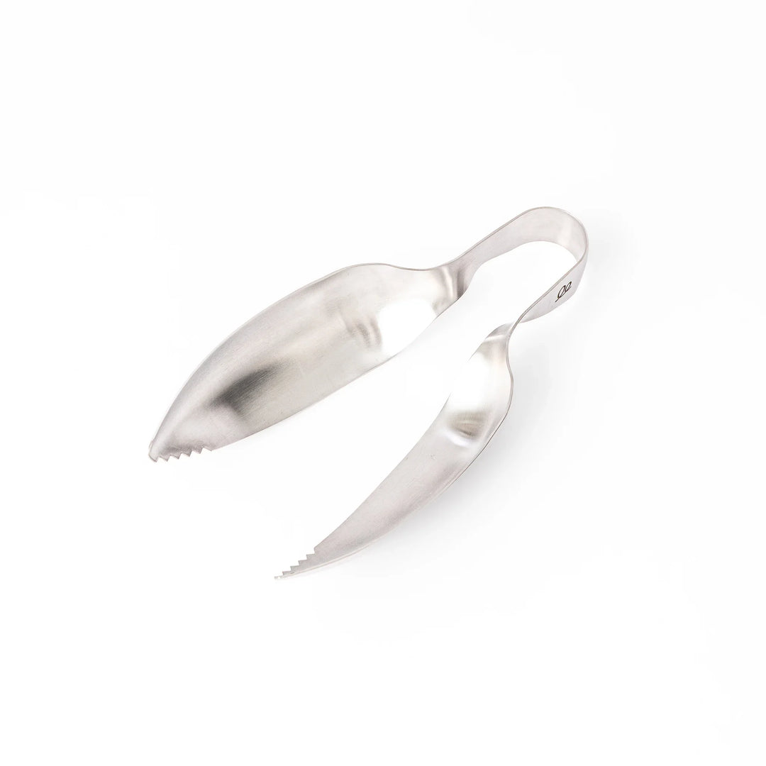 Japanese stainless steel ice scoop tongs with serrated edges and ergonomic curved design for secure grip and easy handling