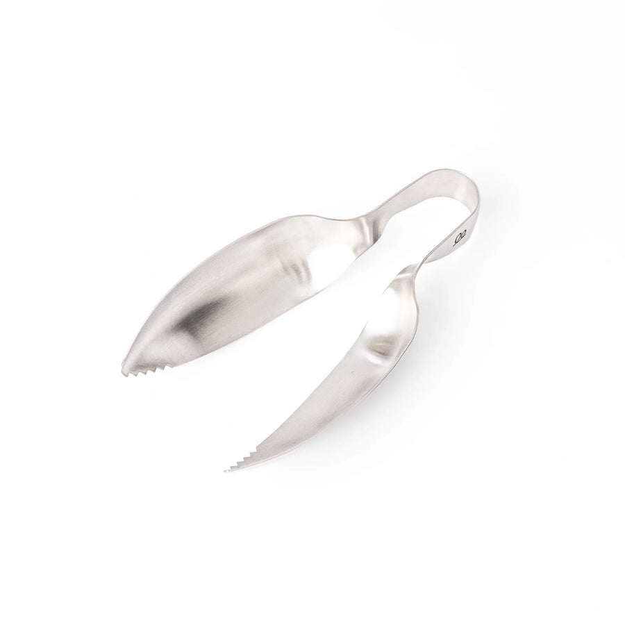 Japanese stainless steel ice scoop tongs with serrated edges and ergonomic curved design for secure grip and easy handling