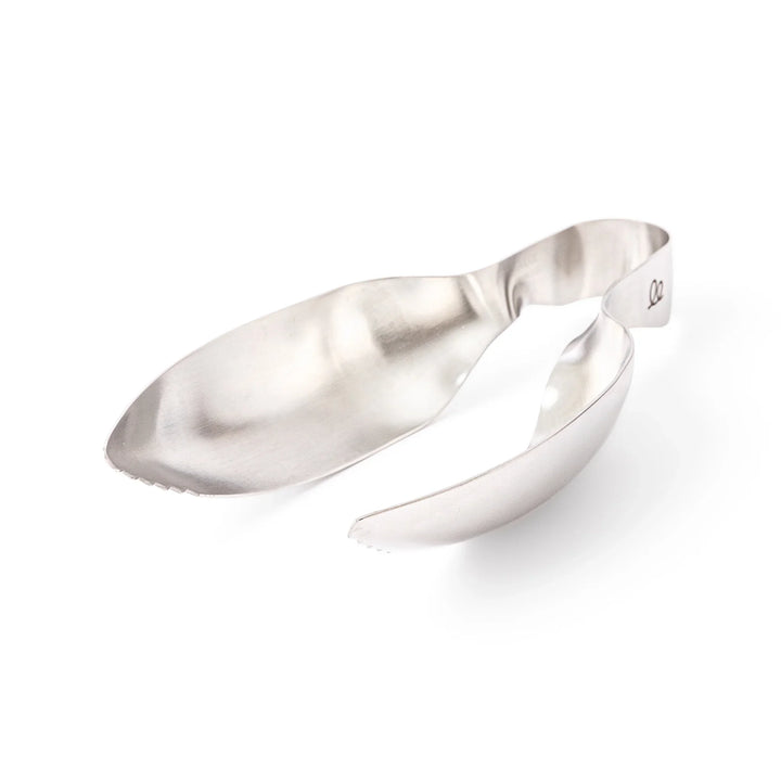 Japanese stainless steel ice scoop tongs with serrated edges and ergonomic curved design for secure grip and easy handling