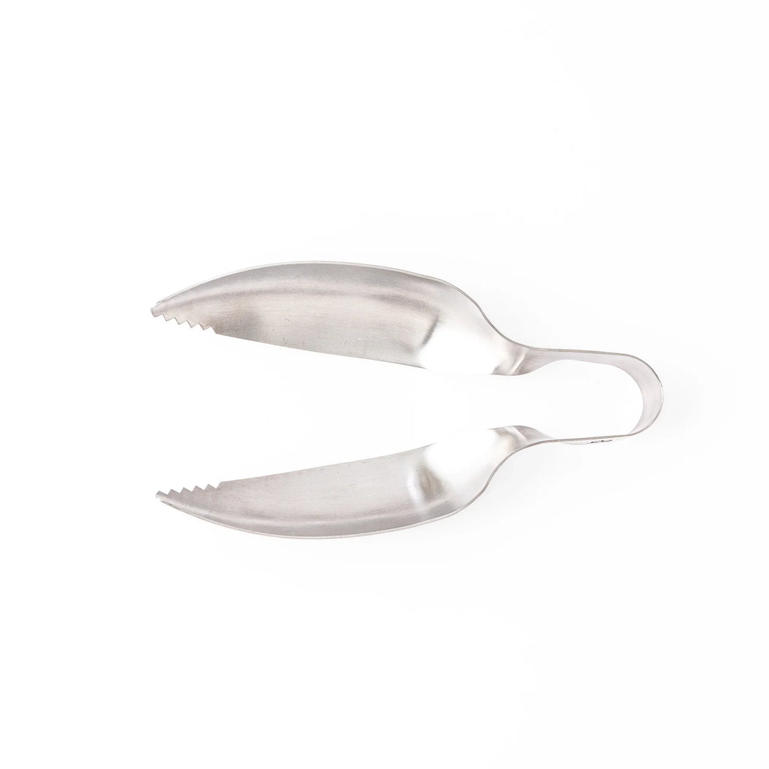 Japanese stainless steel ice scoop tongs with serrated edges and ergonomic curved design for secure grip and easy handling