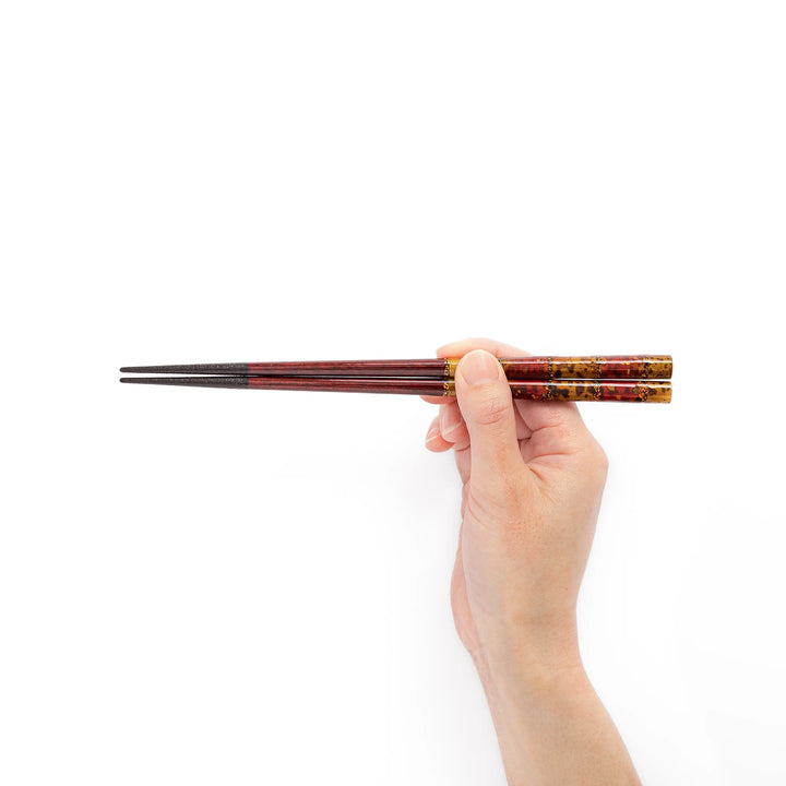 Japanese lacquer chopsticks shown held in hand