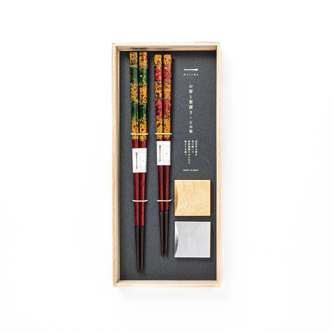 Japanese lacquer chopstick set with gold and silver chopstick rests in wooden gift box
