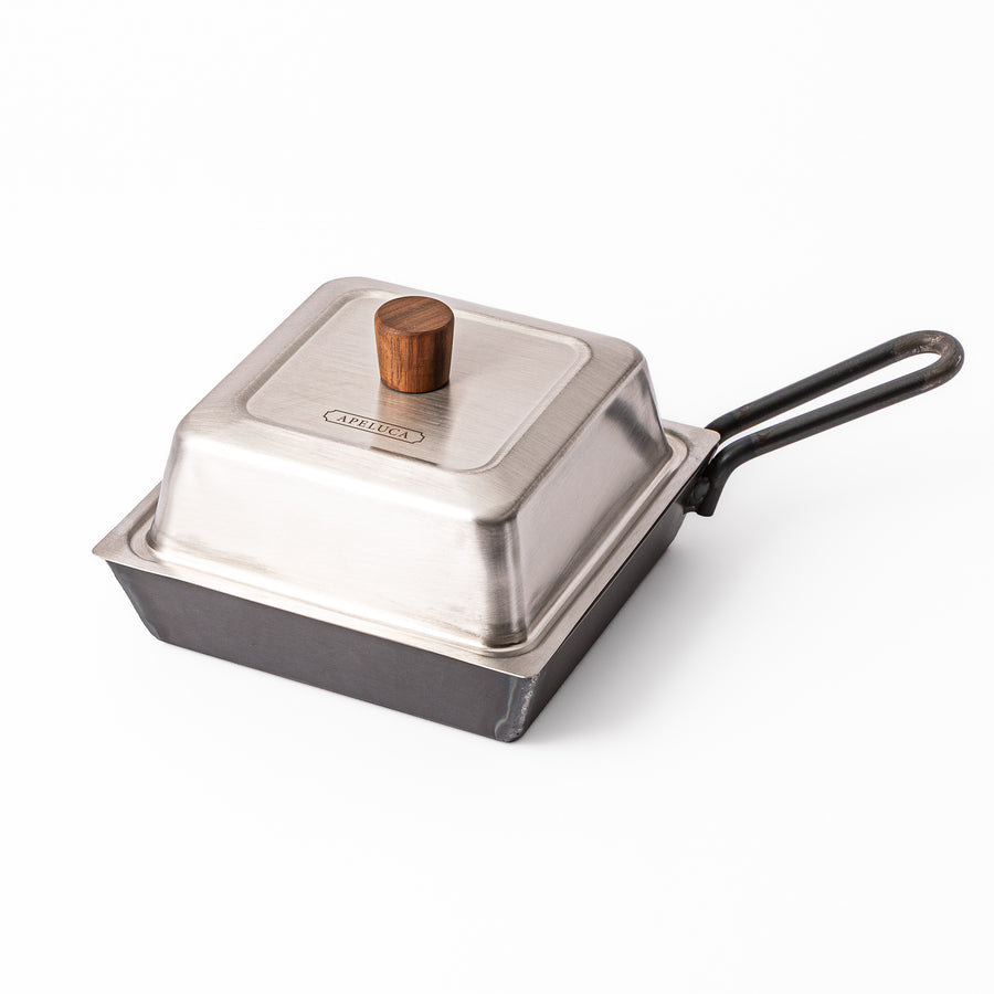 Square Japanese Luxe Carbon Steel Deep Pan with stainless steel lid displayed on a plain white background