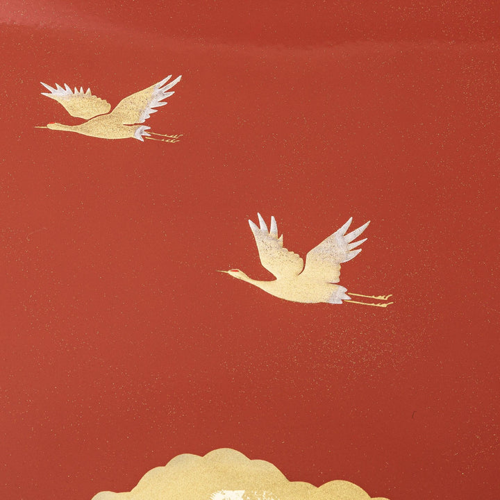 Japanese lacquer serving tray with flying crane motif in gold on red finish elegant round design for traditional table setting