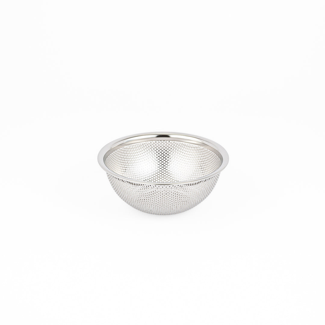Japanese stainless steel mixing bowl and mesh strainer set, featuring an extra small colander for kitchen prep