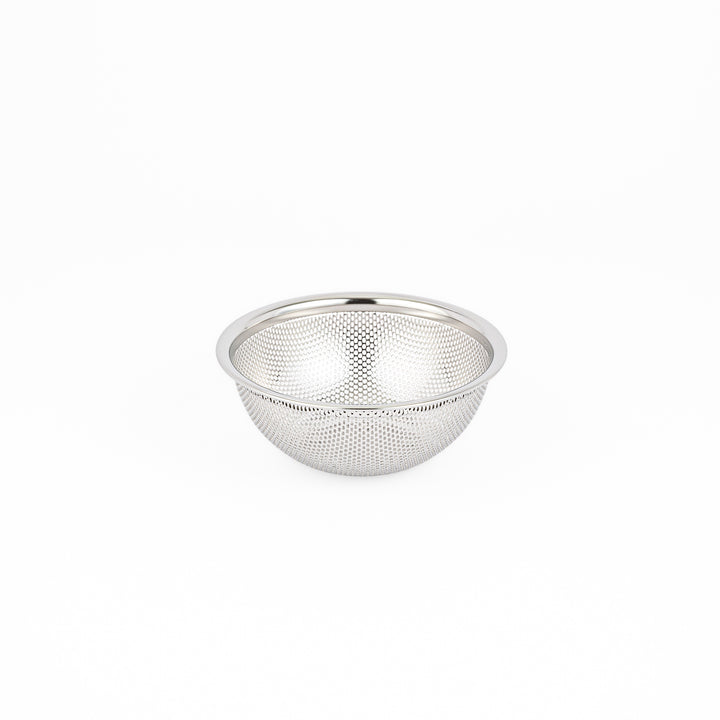 Japanese stainless steel mixing bowl and mesh strainer set, featuring an extra small colander for kitchen prep
