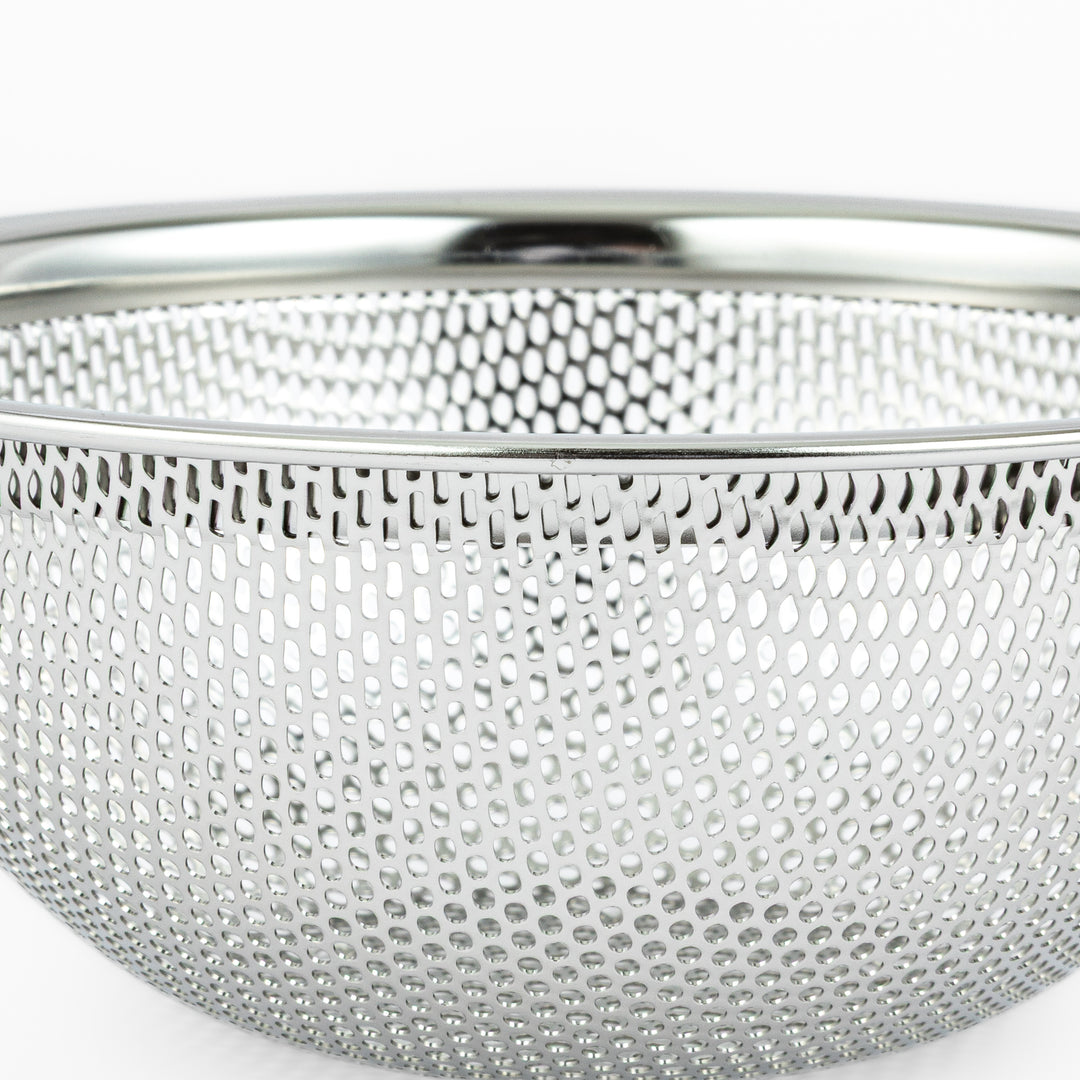 Japanese stainless steel mixing bowl and mesh strainer set, featuring an extra small colander for kitchen prep